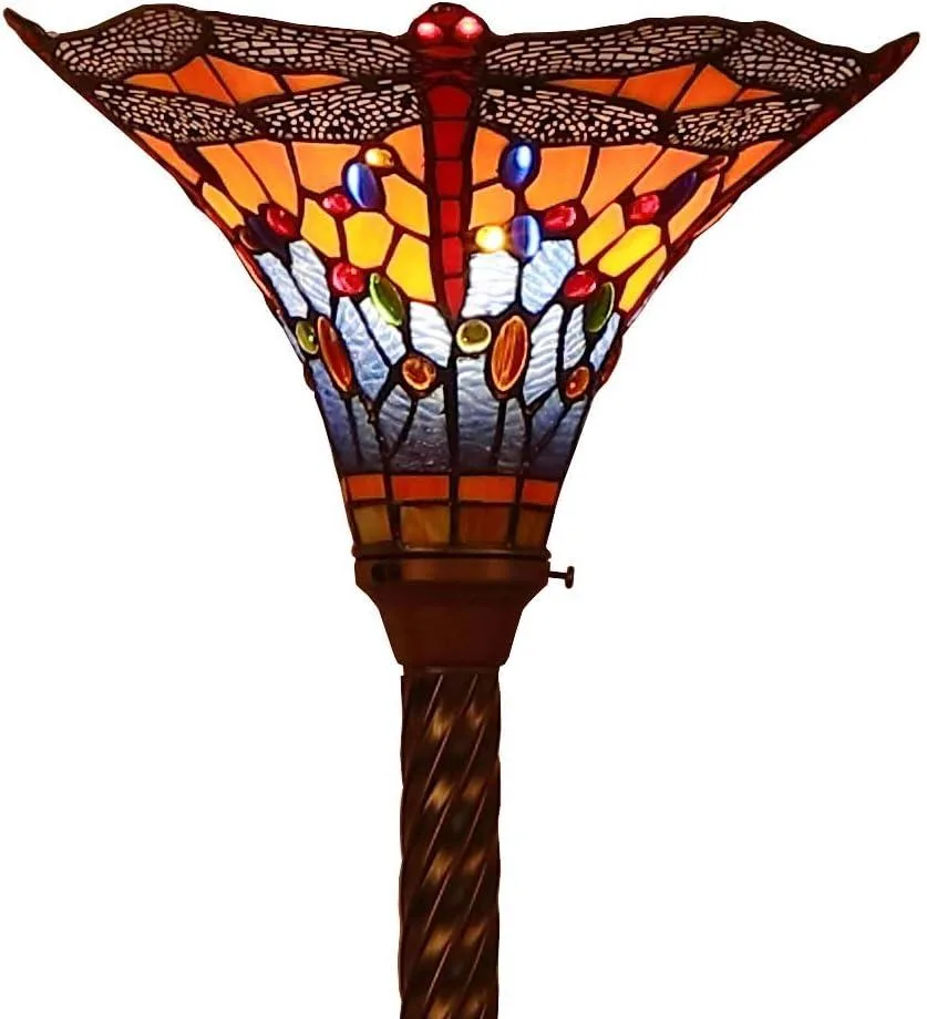 TUKO TUKO 10710 Dragonfly Tiffany Stained Glass Torchiere Floor Lamp Orange Blue 71 inch — product photo