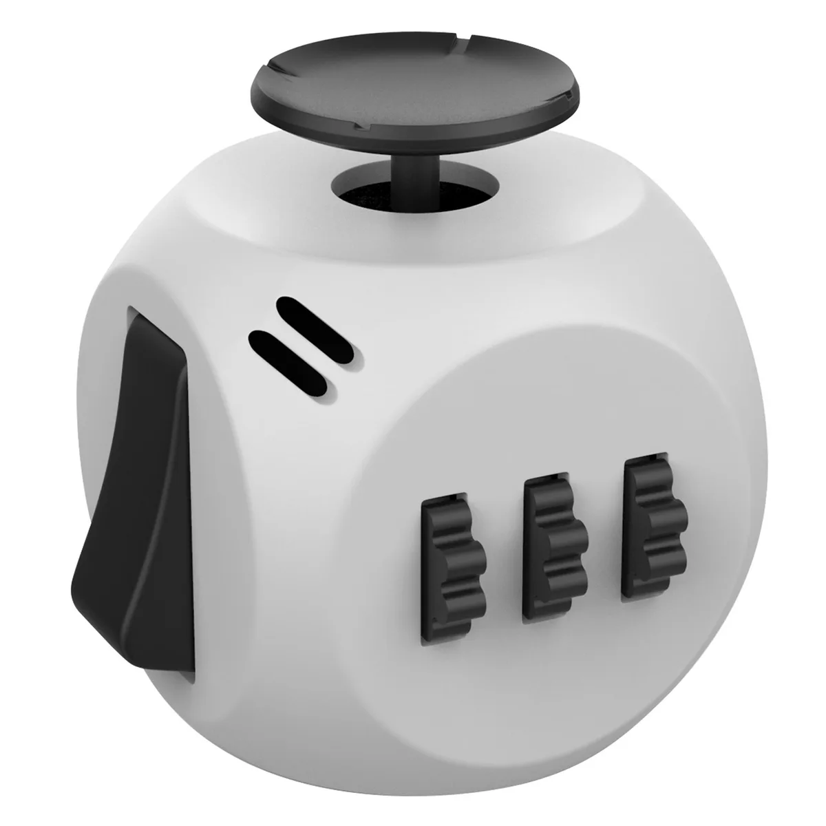Grey six-sided fidget cube with buttons, dial, joystick and textured faces