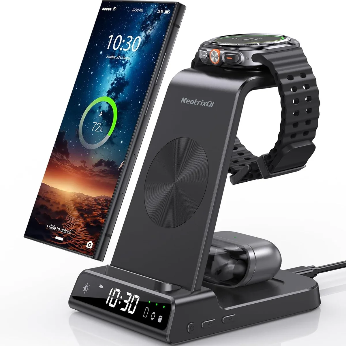 Luisport Luisport 3-in-1 Wireless Charger with Dimmable Clock for Galaxy S25 Ultra, Watch 8/7/6/5/4, Buds — product photo
