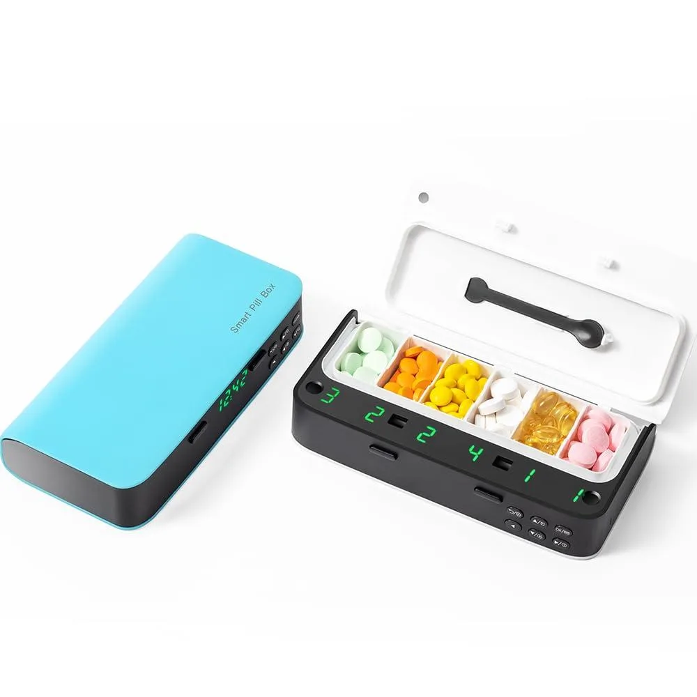Blue rectangular pill organiser with digital display and six compartments