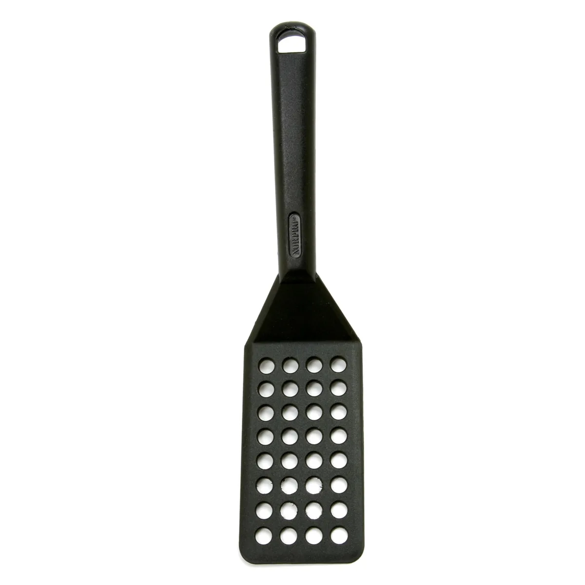 Black nylon slotted spatula with bevelled edge and soft grip handle