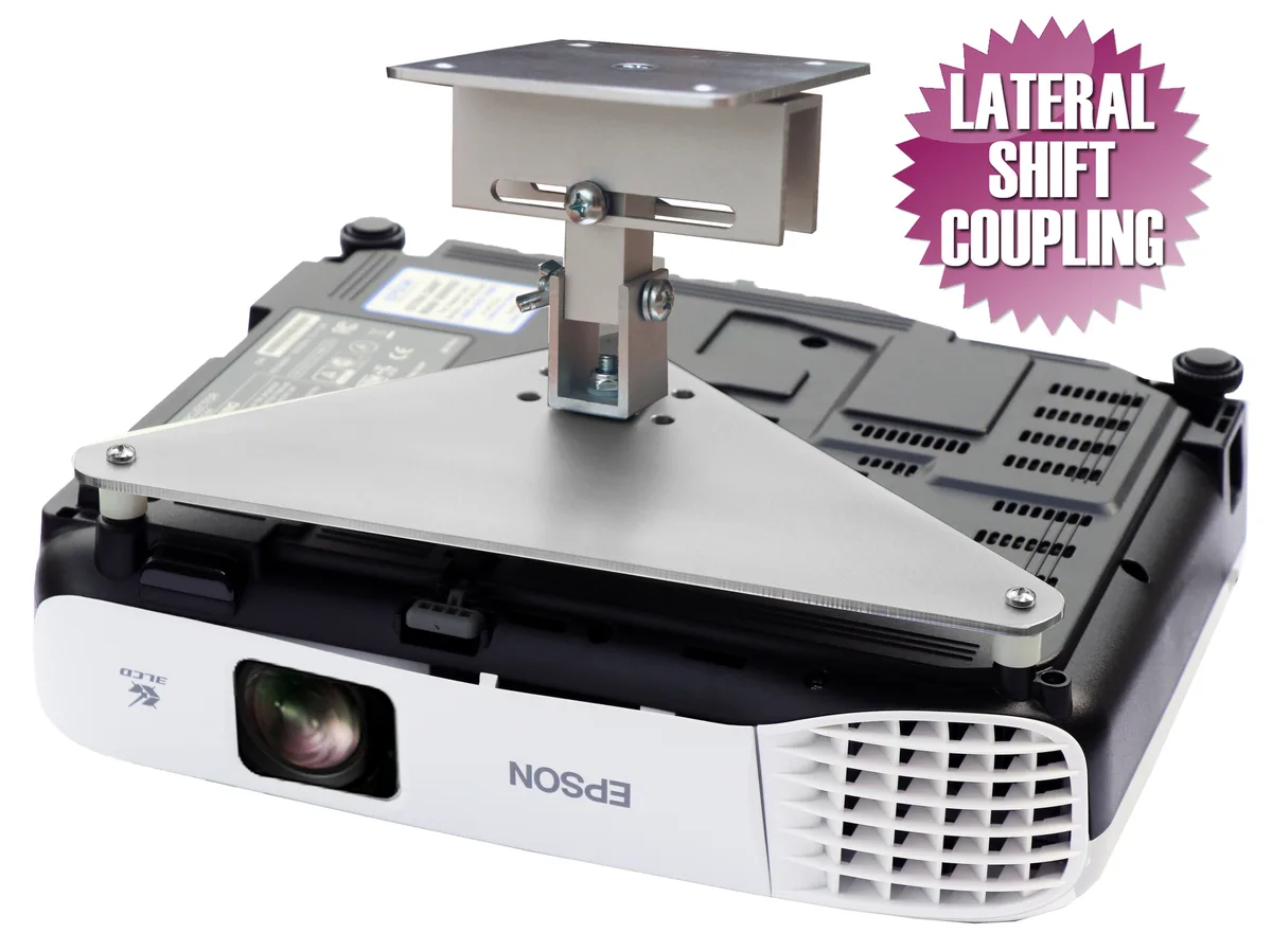 Silver aluminium ceiling mount plate with lateral shift arm, sets projector five inches from ceiling