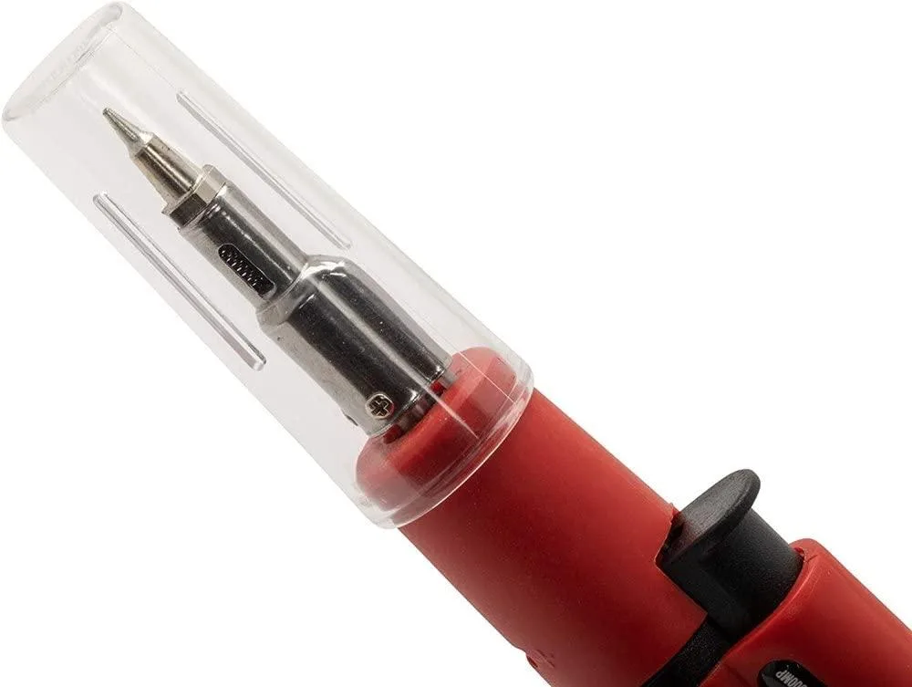 Compact butane soldering iron with piezo ignition, metal tip and gas adjustment valve
