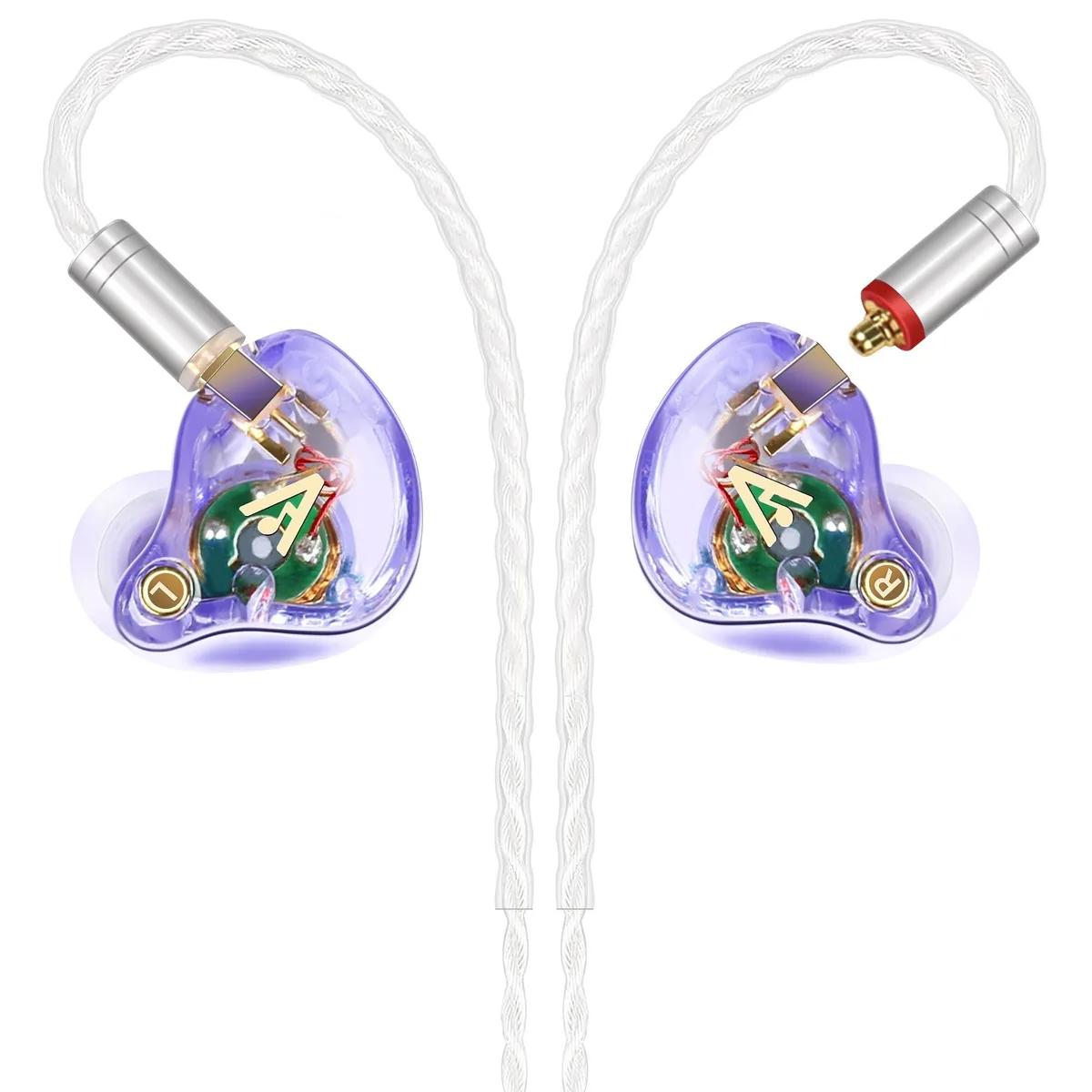 Pair of silver wired earbuds with over-ear hooks and braided cable