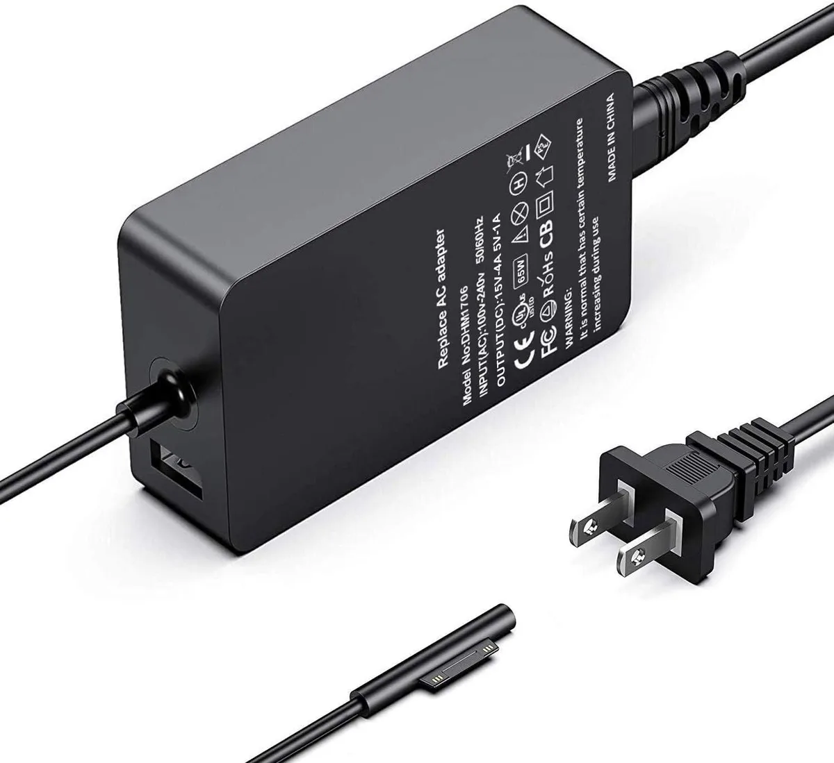 Black rectangular AC adapter with detachable power cord and magnetic Surface connector
