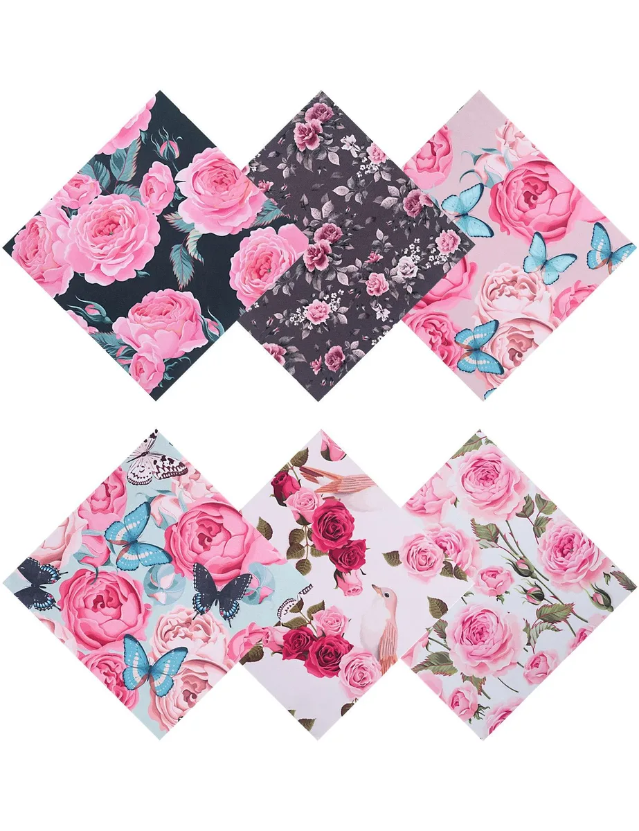 Six square microfiber cloths with pink peony floral print, folded and stacked