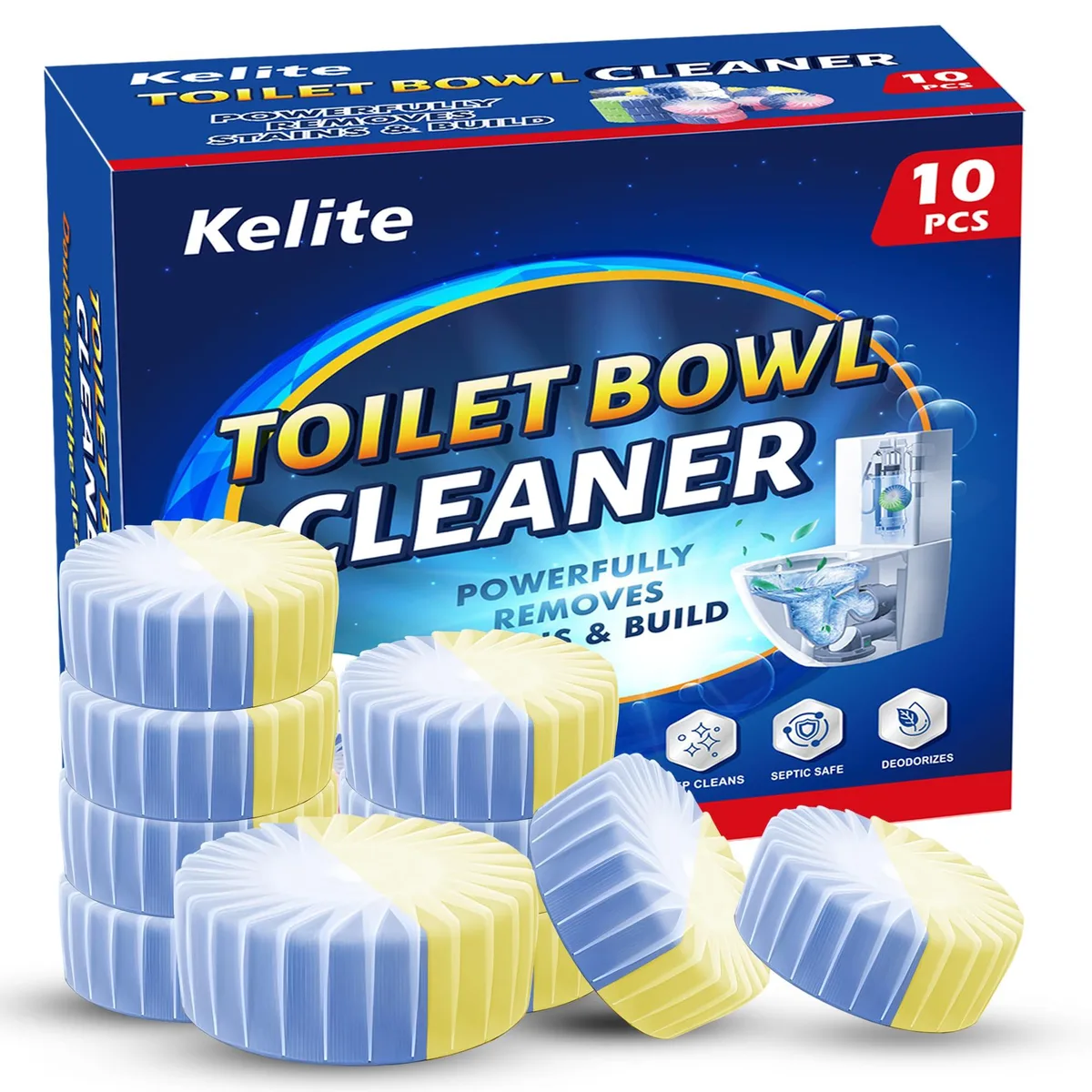 Box of ten toilet tank cleaner tablets in yellow and blue packaging