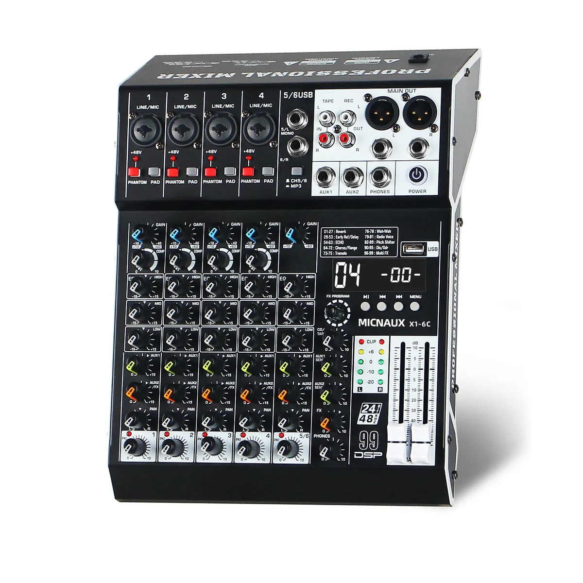  MICNAUX X1-6Channel 6-Channel Audio Mixer 99 DSP Bluetooth USB 48V Phantom Power — product photo