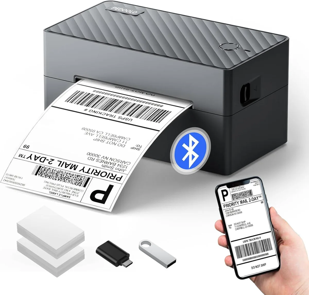 Compact white thermal label printer with Bluetooth, prints 4x6 shipping labels