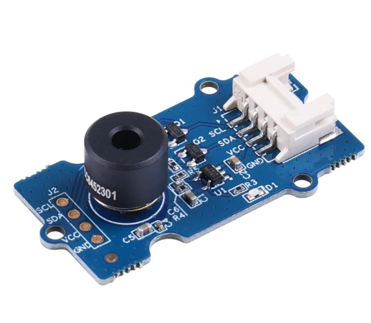 Small rectangular green circuit board with a black sensor module and white Grove connector