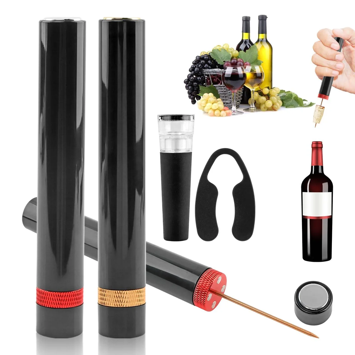 Two air-pump wine openers, gold and red, with foil cutter and stopper