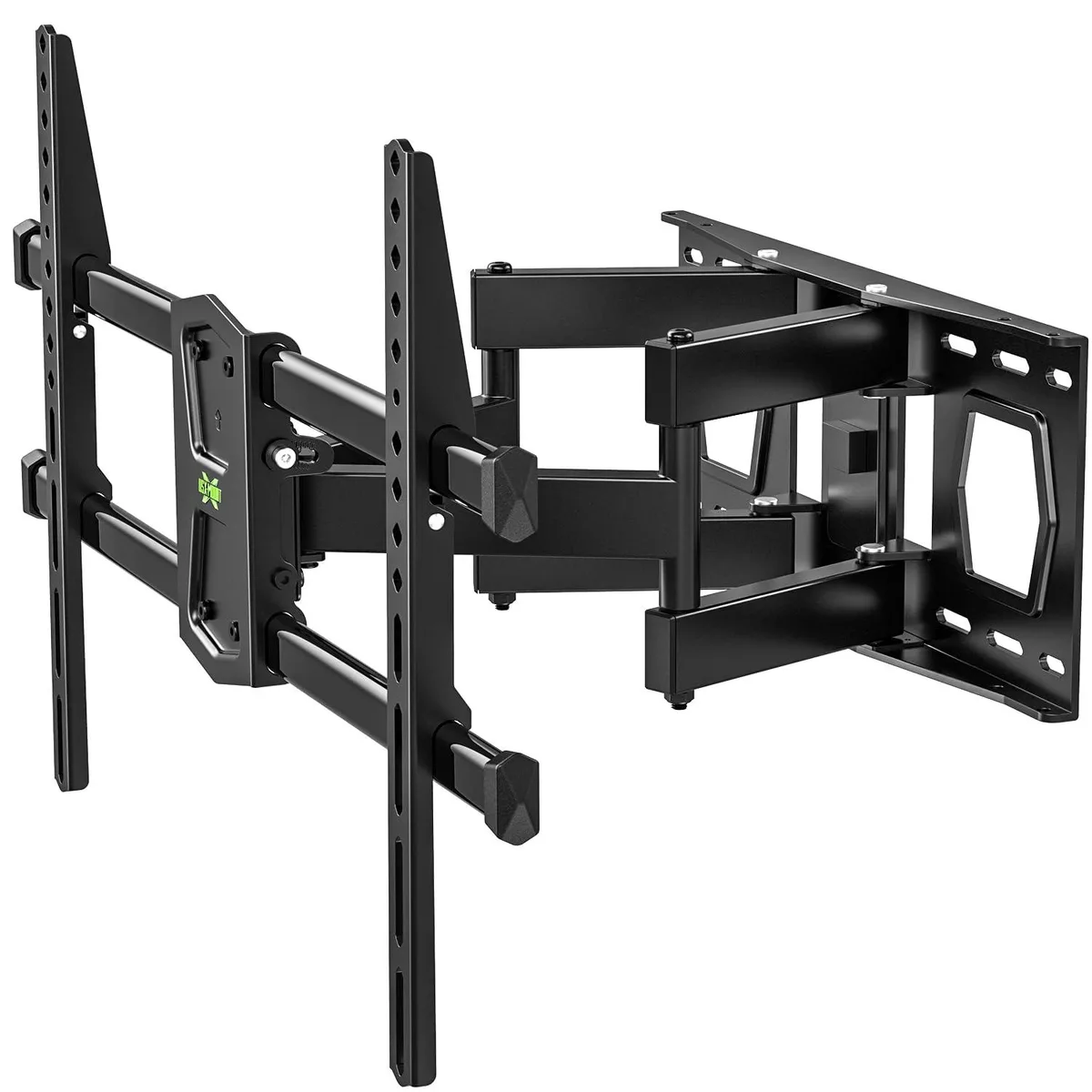 Black steel full-motion TV wall mount with six articulated arms extended