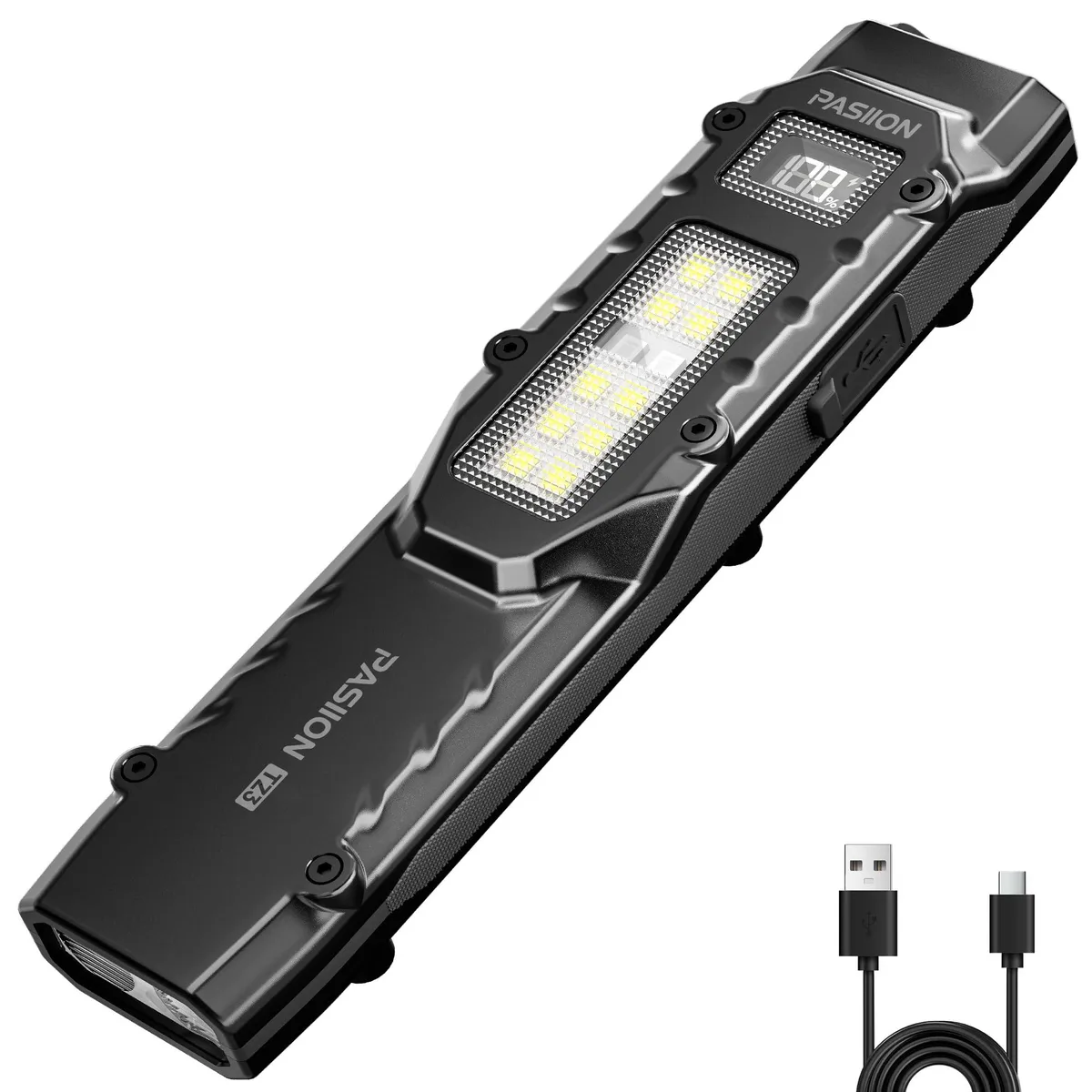 Flat rectangular stainless steel flashlight with dual switches and digital display