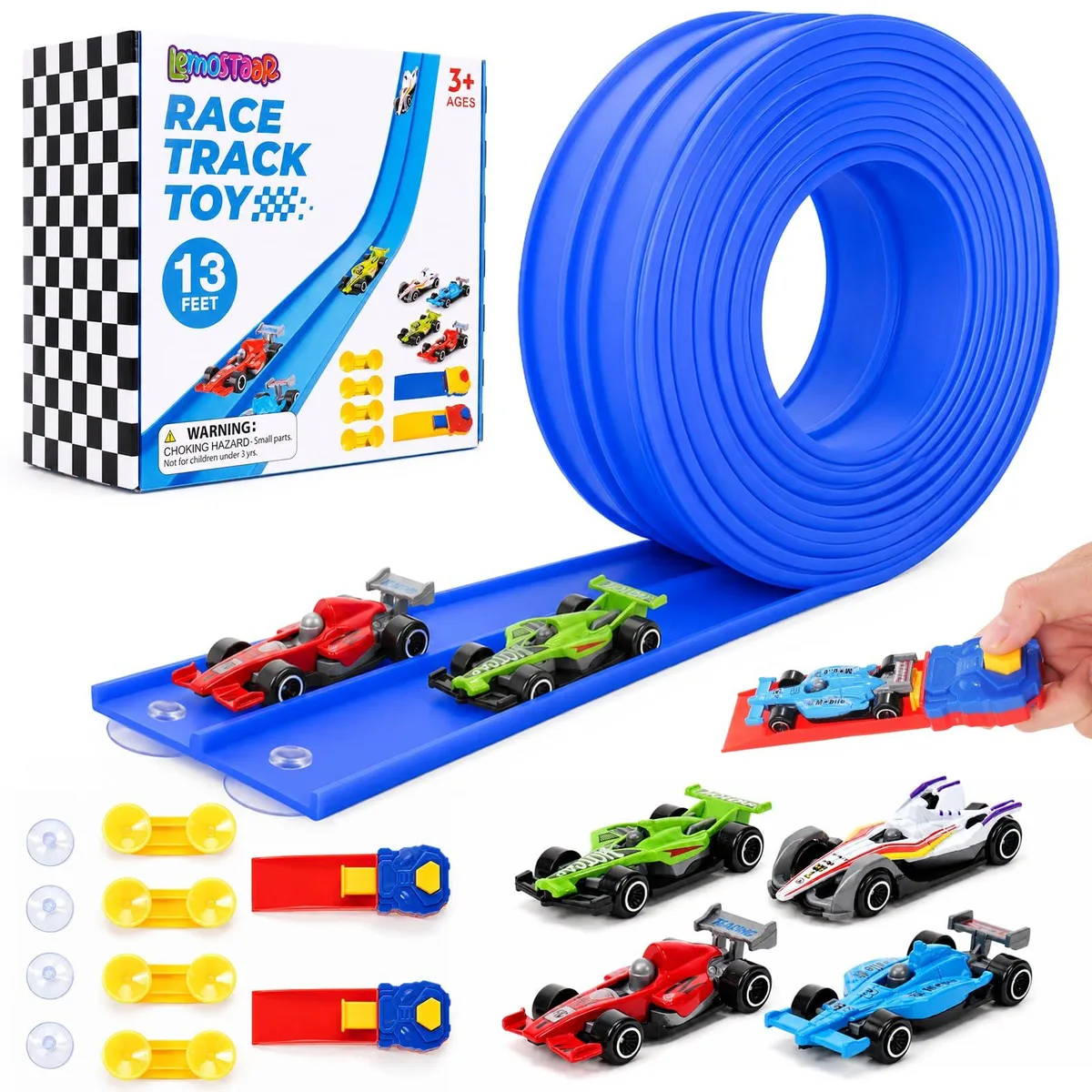 Flexible 15 ft race track with four cars and two thrusters, rolls up for storage