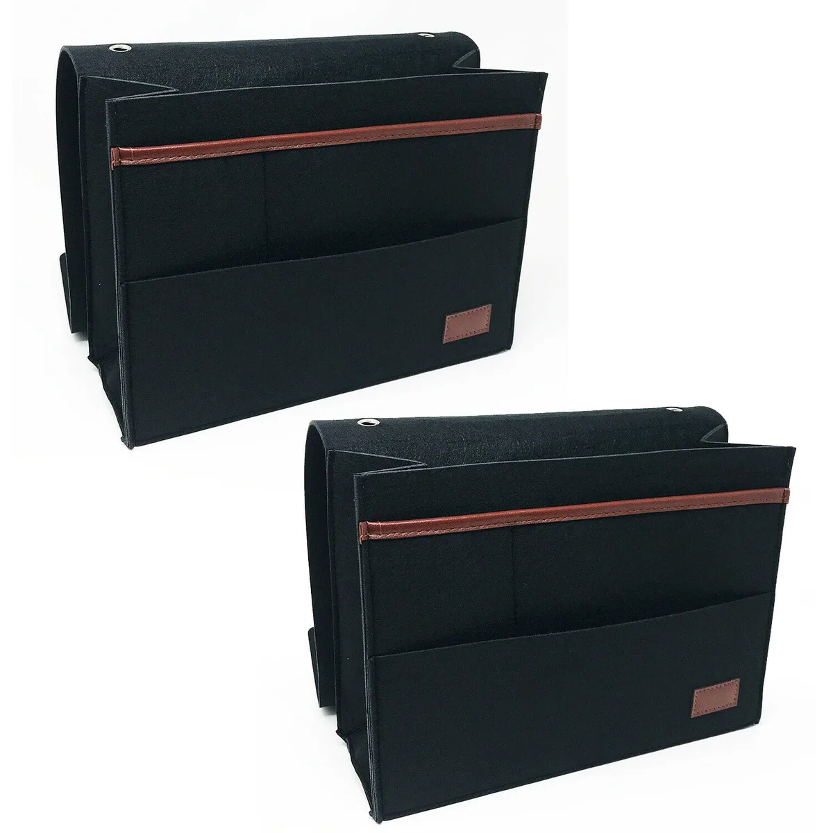 Two black felt bedside caddies with six pockets each, medium size