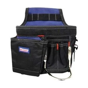 Black polyester tool pouch with five outer pockets and belt slot