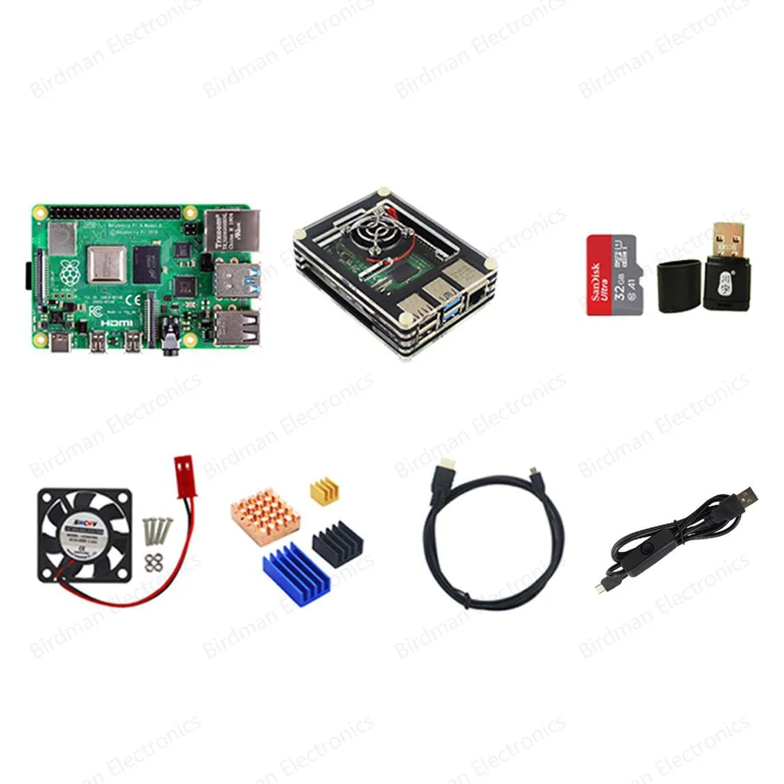 Raspberry Pi 4B board in 9-layer acrylic case with heatsink fan and micro HDMI cable