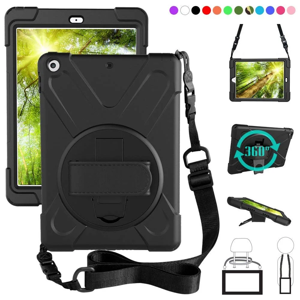 Werleo Werleo iPad 9.7 case 2017 2018 360 rotatable kickstand hand shoulder strap black — product photo