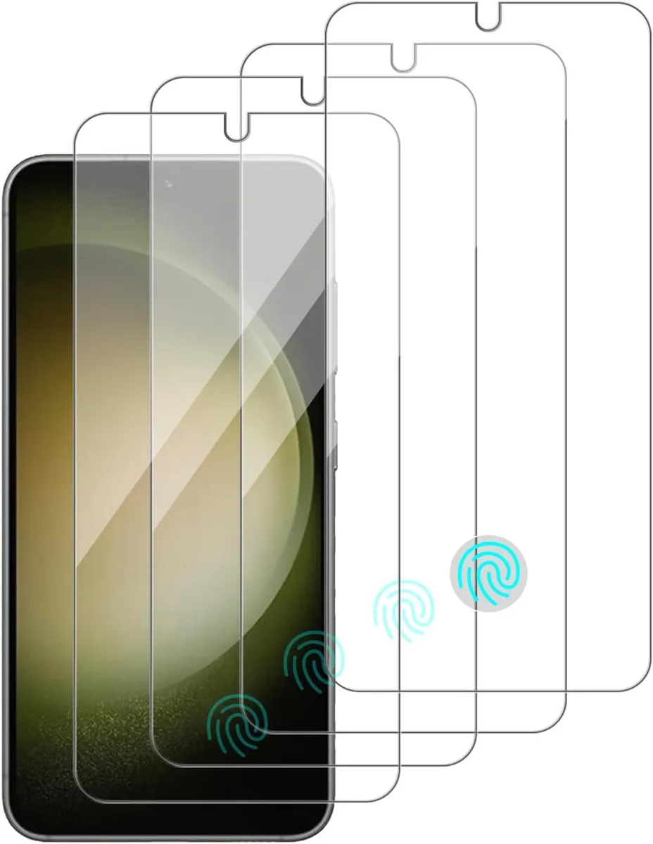 Four rectangular glass screen protectors with rounded edges in a pack