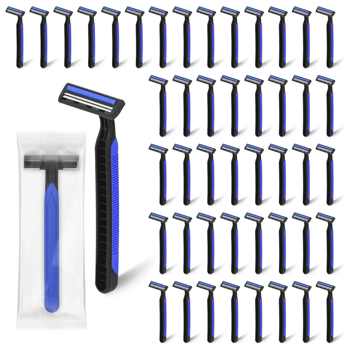 Pack of 50 blue disposable twin-blade razors, individually wrapped with clear safety caps