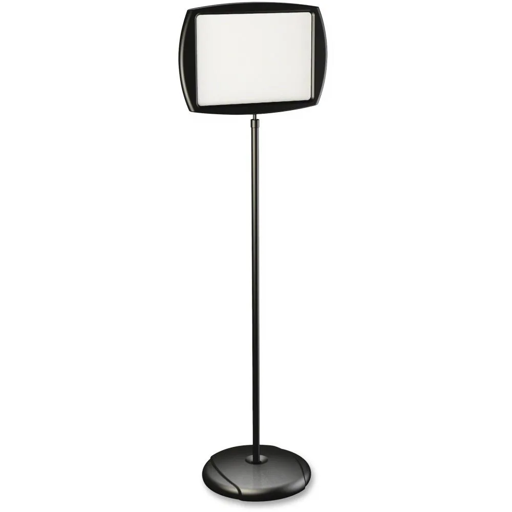 Tall black steel floor sign with white double-sided dry-erase panel and weighted base