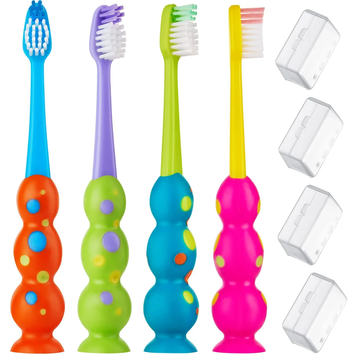 Four colourful kids toothbrushes with suction bases and travel covers