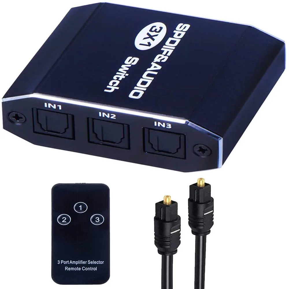 Black rectangular SPDIF Toslink switch with three inputs and one output, IR remote and cables included