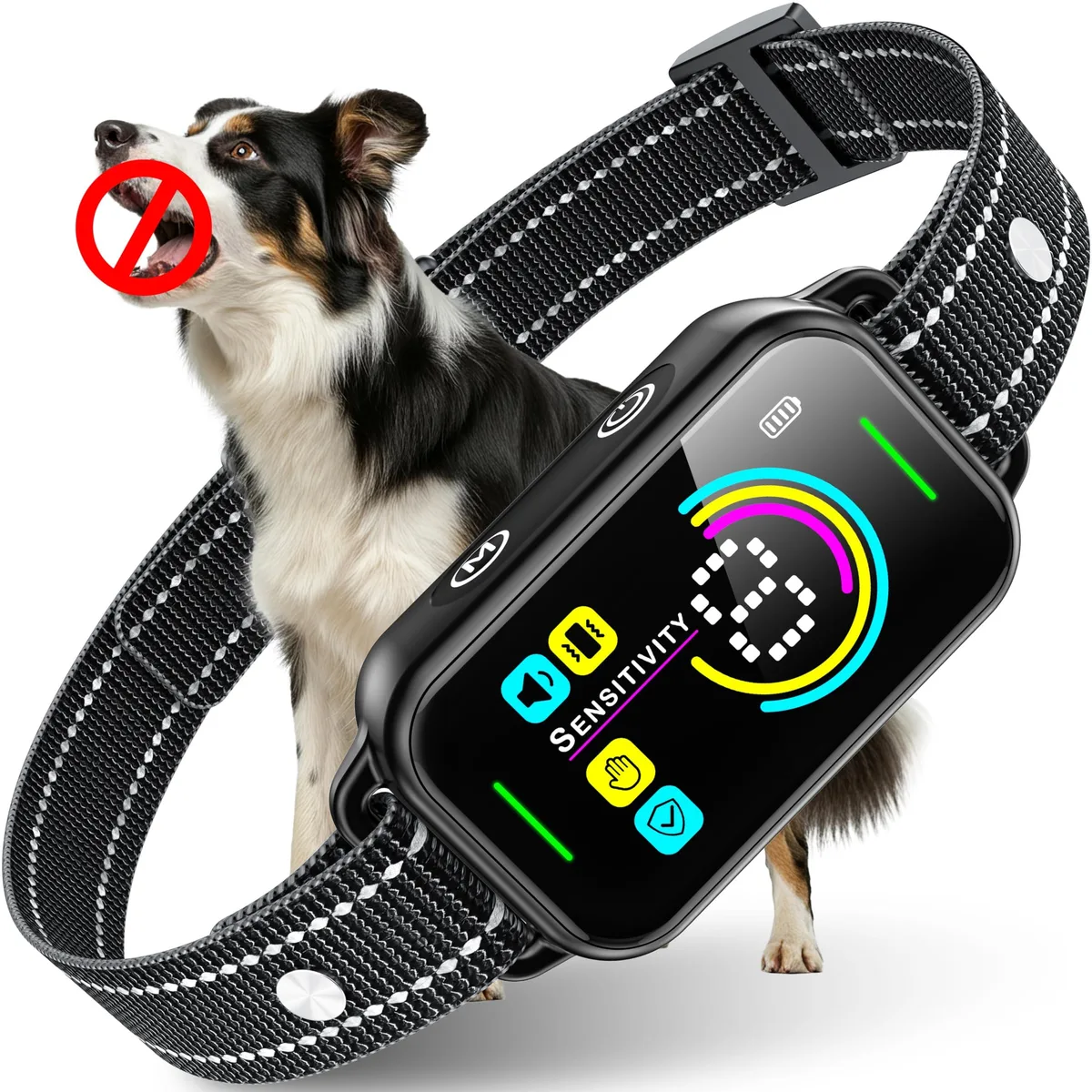 Dark black nylon bark collar with compact electronic unit and adjustable strap