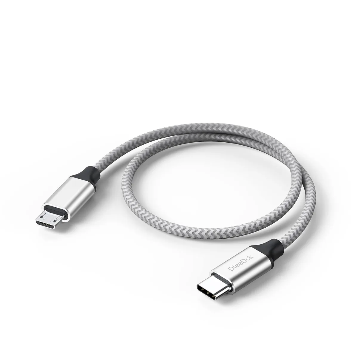 Silver braided USB-C to Micro USB cable, male-to-male connectors, 1 ft length