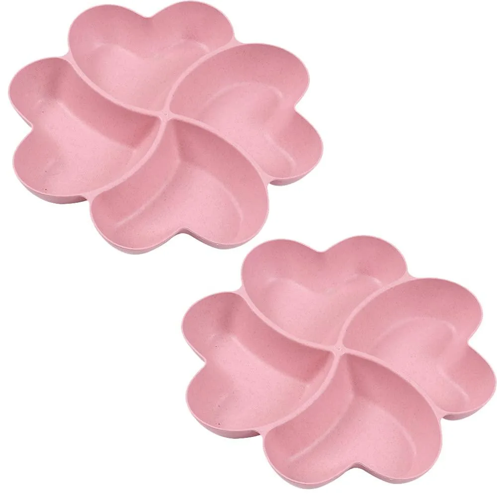 Two pink round divided serving trays, flower-shaped compartments, wheat straw material, 11.4 inch diameter