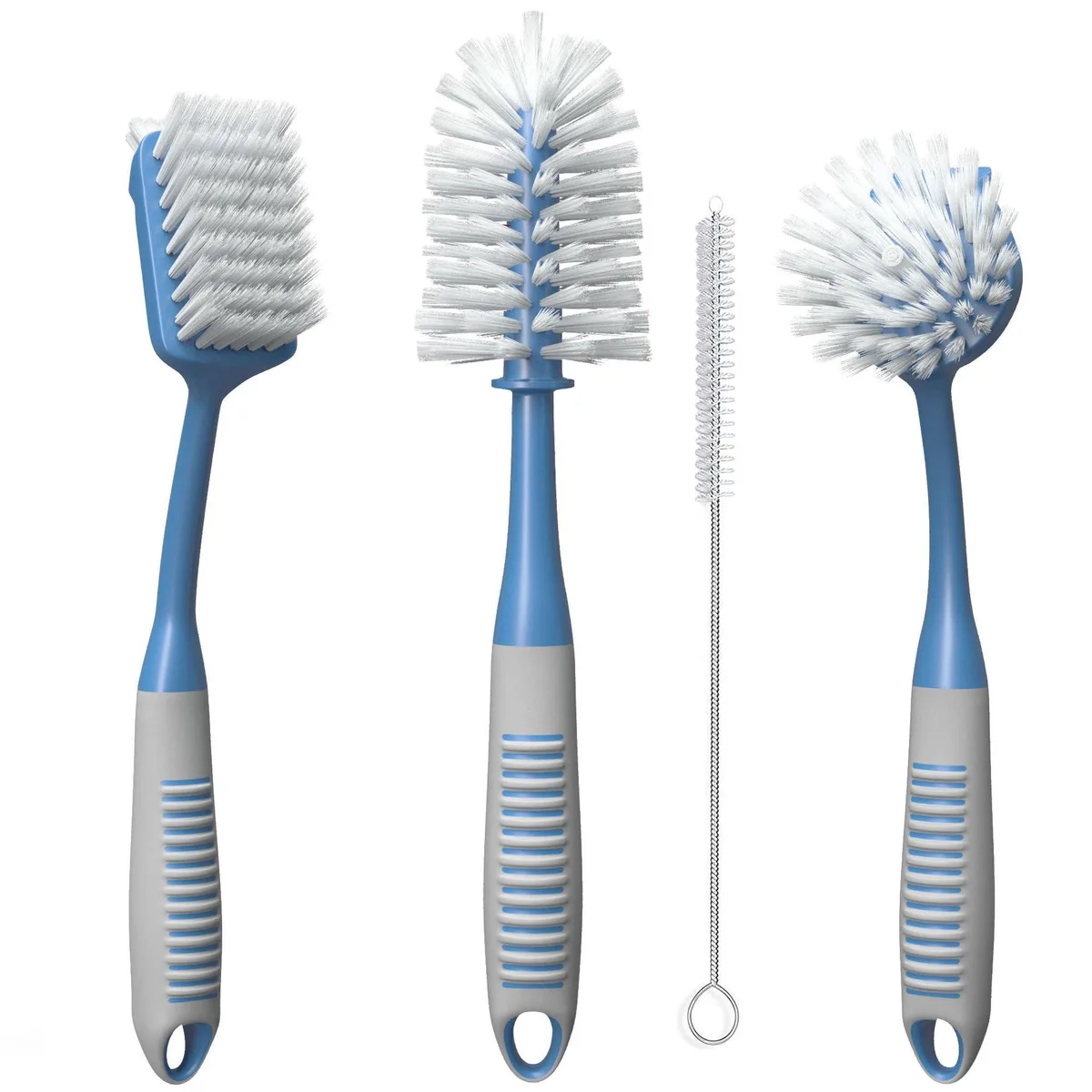Set of four blue kitchen scrub brushes with long handles