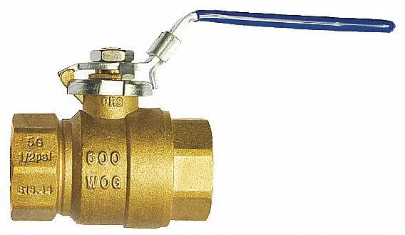 Small brass ball valve with silver finish and locking handle