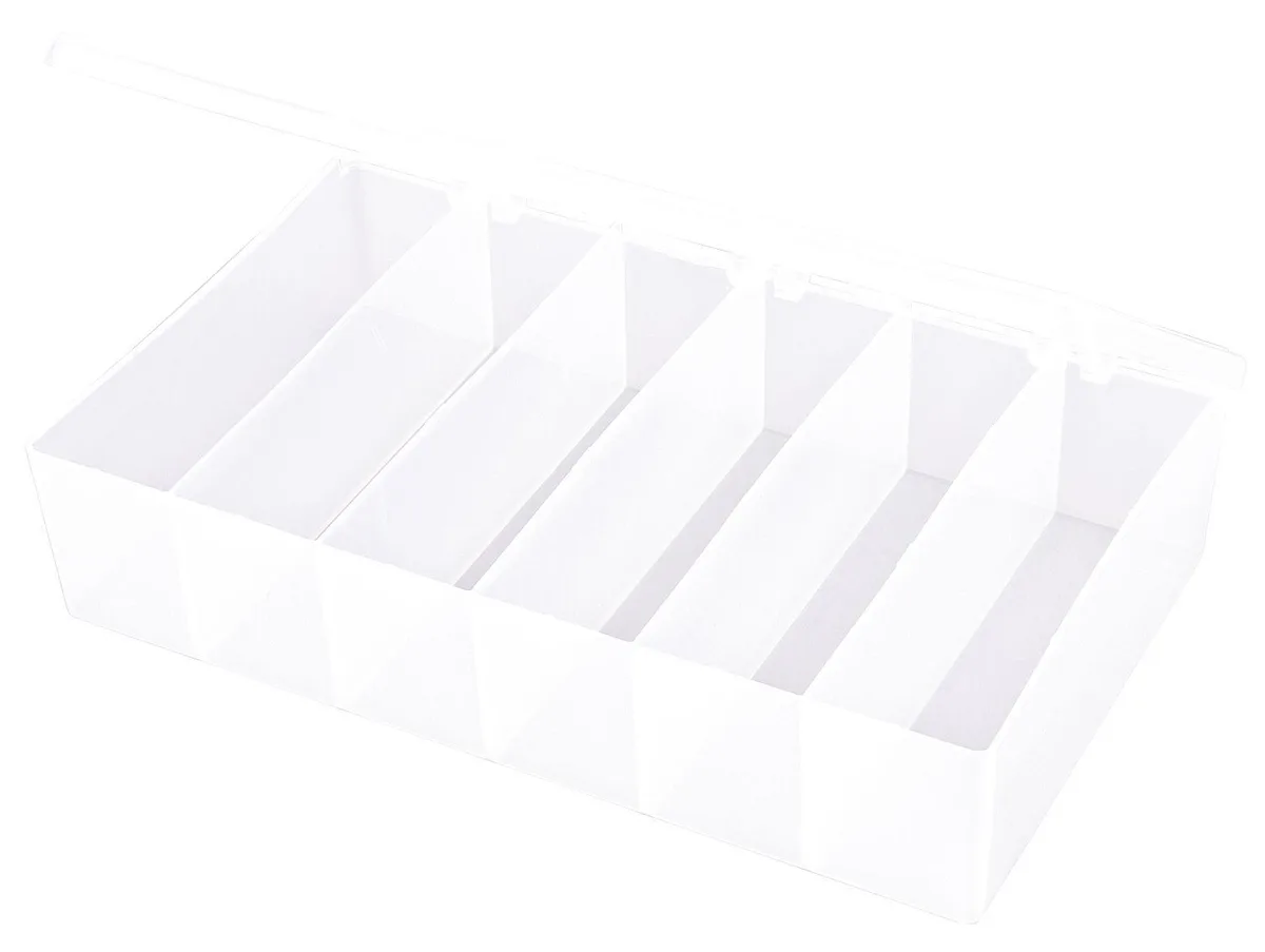 Clear plastic compartment box with six fixed dividers and snap closure