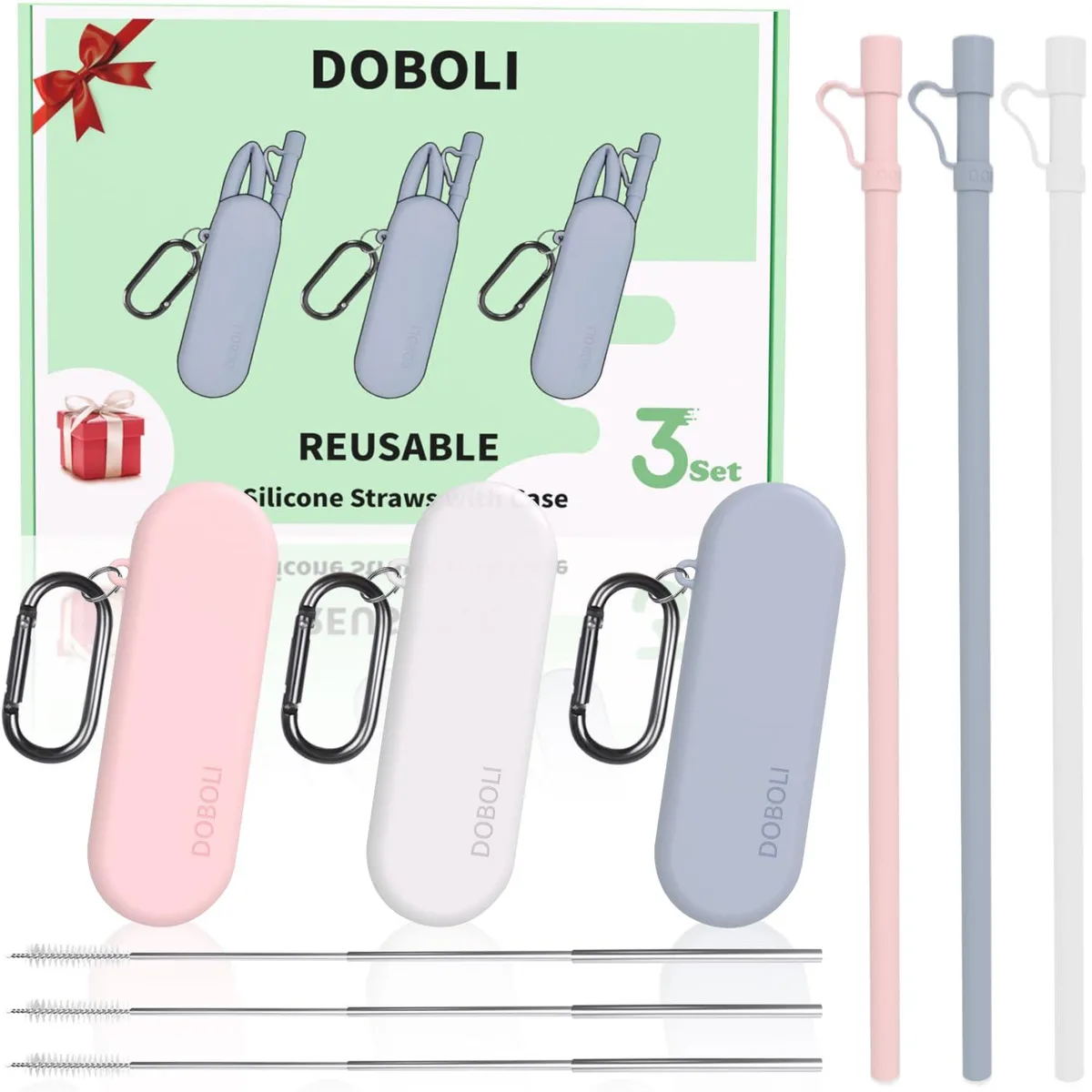 Three 12-inch silicone straws with cases and brushes