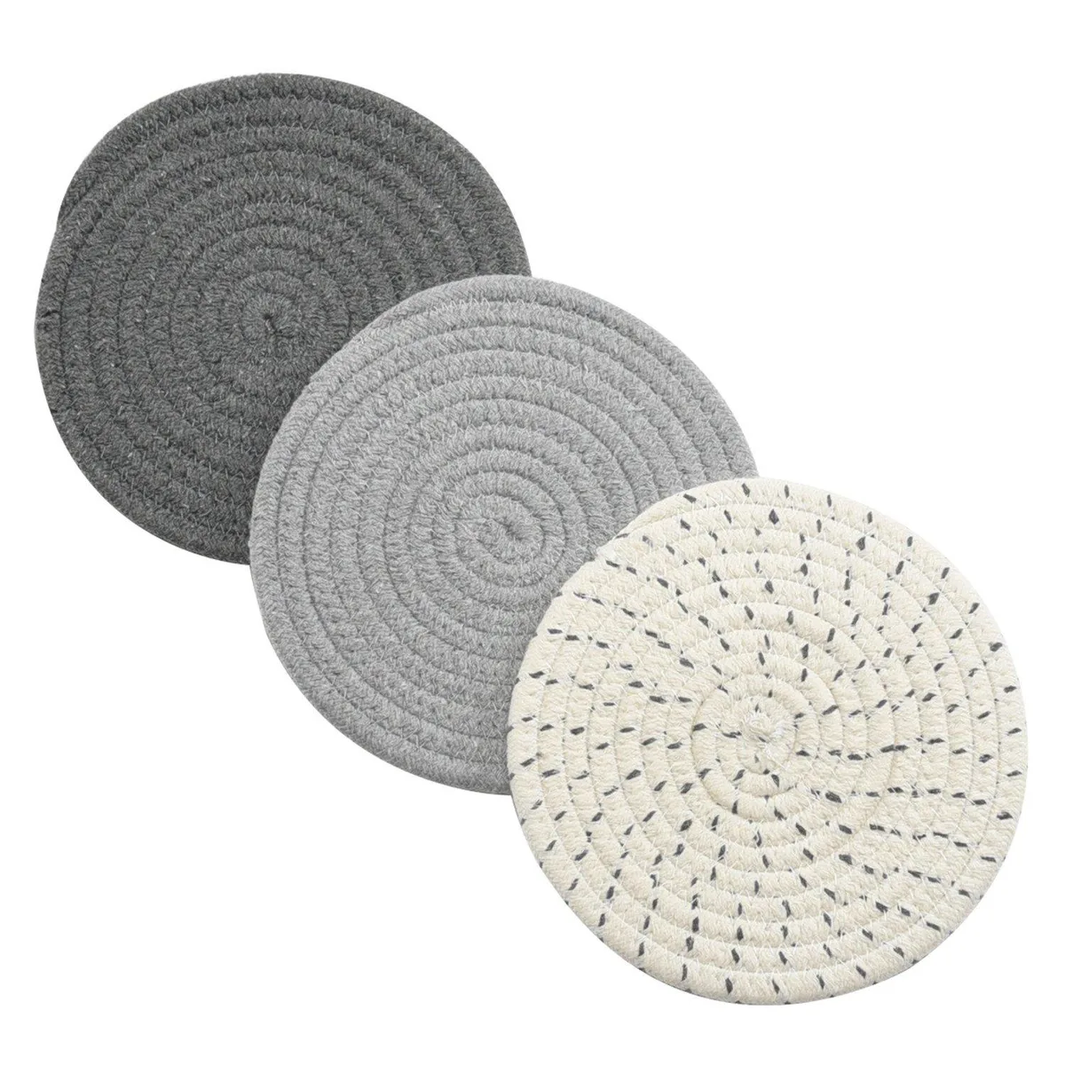Three round grey cotton potholders, 7 inches diameter, woven texture