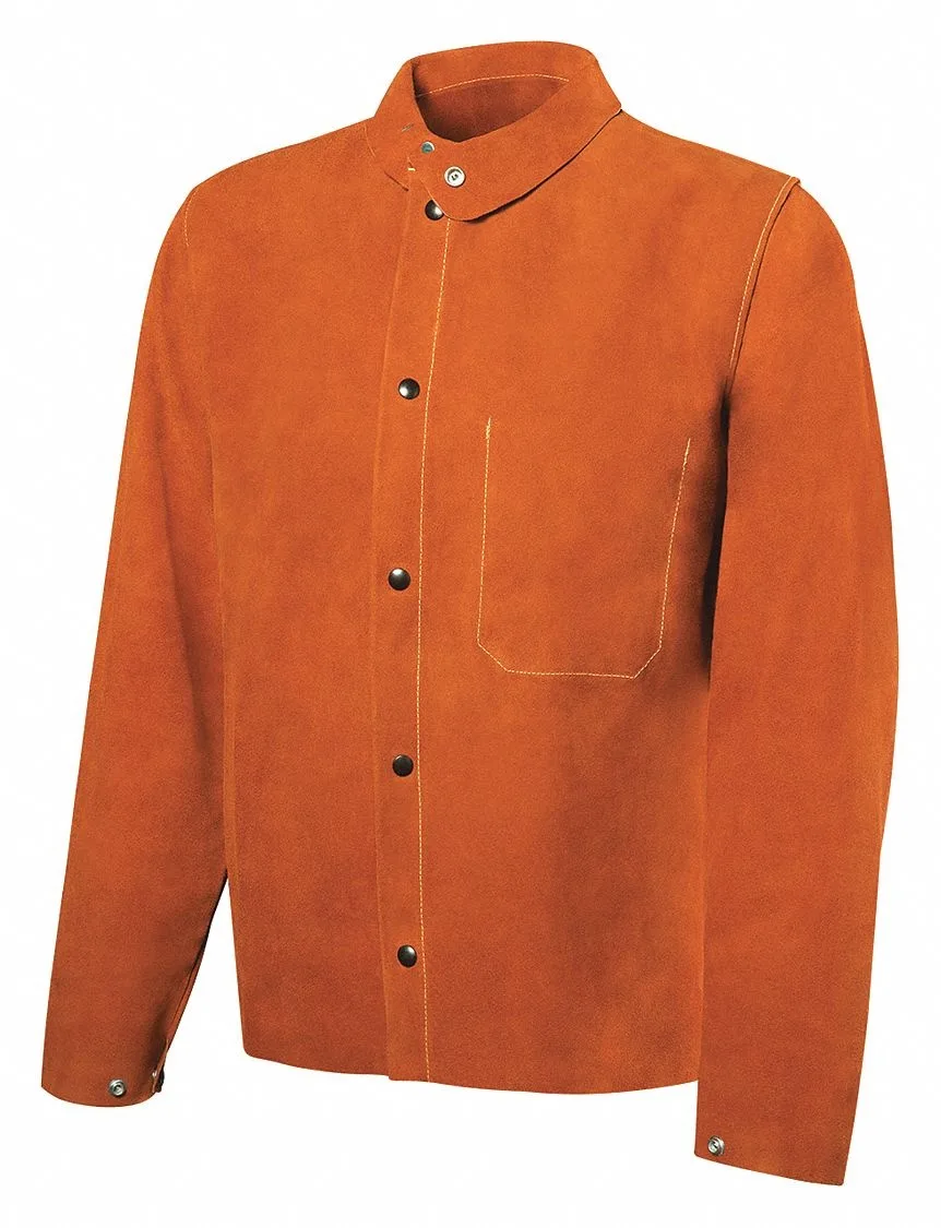 Brown cowhide welding jacket with snap front and stand-up collar