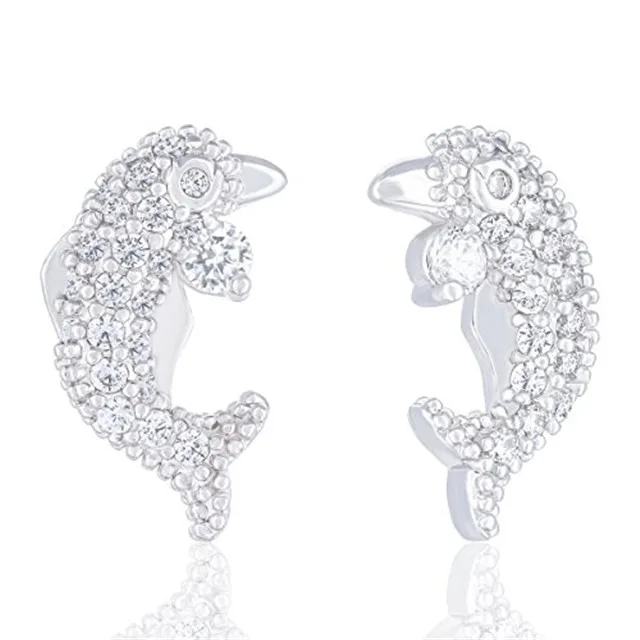 Pair of dolphin-shaped stud earrings in white gold plating with cubic zirconia stones