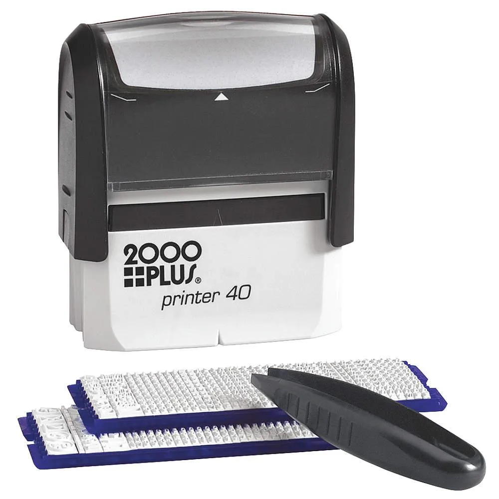Black plastic self-inking stamp kit with tweezers and character type