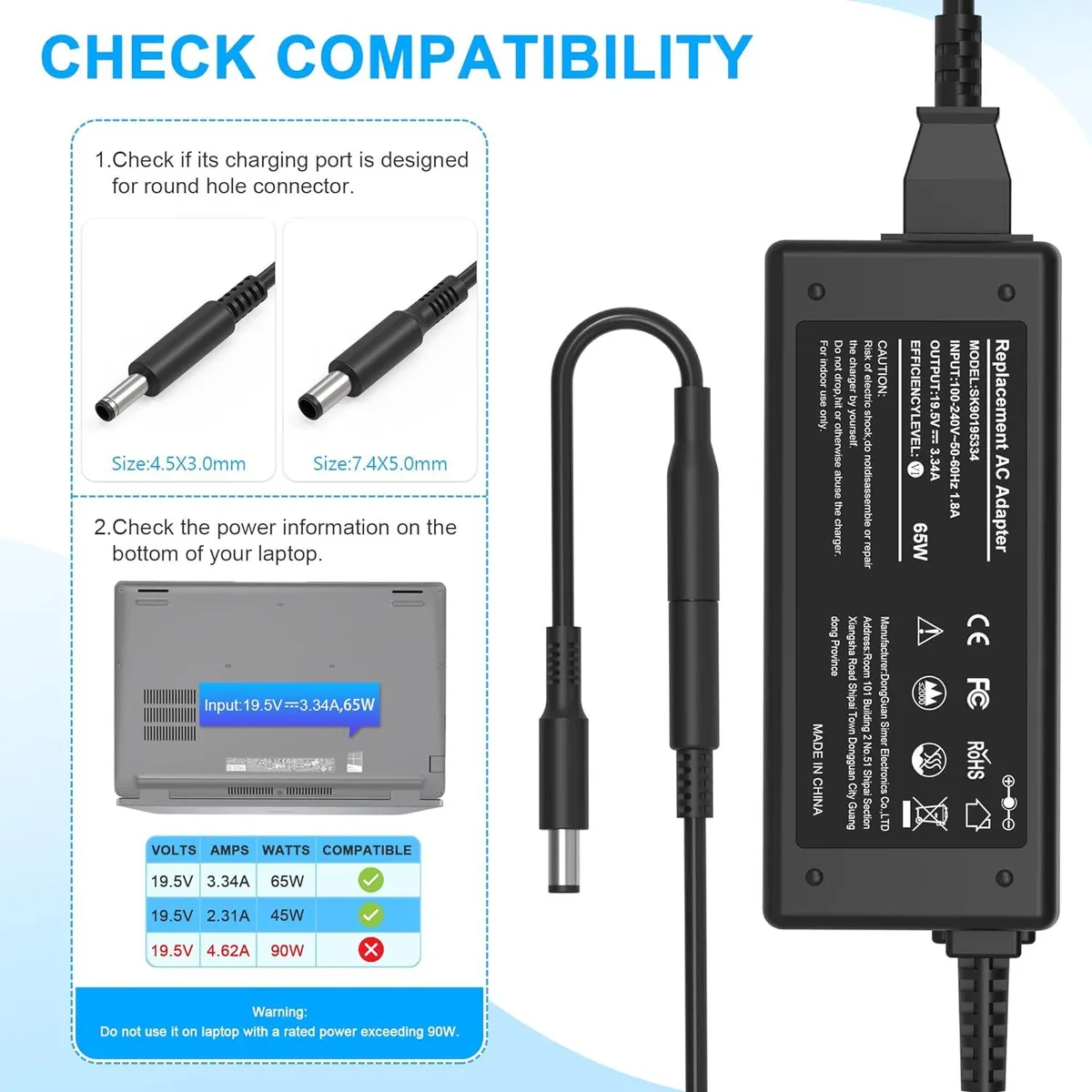 Black rectangular power brick with two interchangeable round tips 4.5mm and 7.4mm