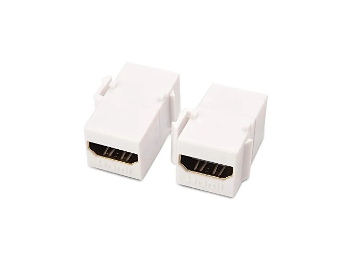Two gold HDMI keystone inserts, vertical snap-in design