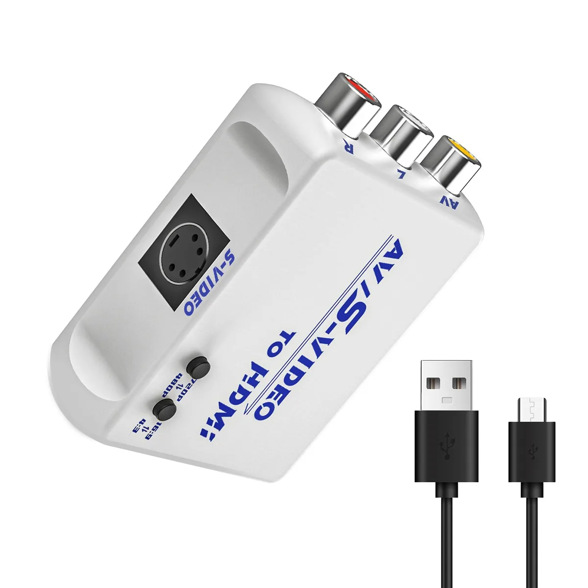 White S-Video and RCA to HDMI converter box with USB power cable