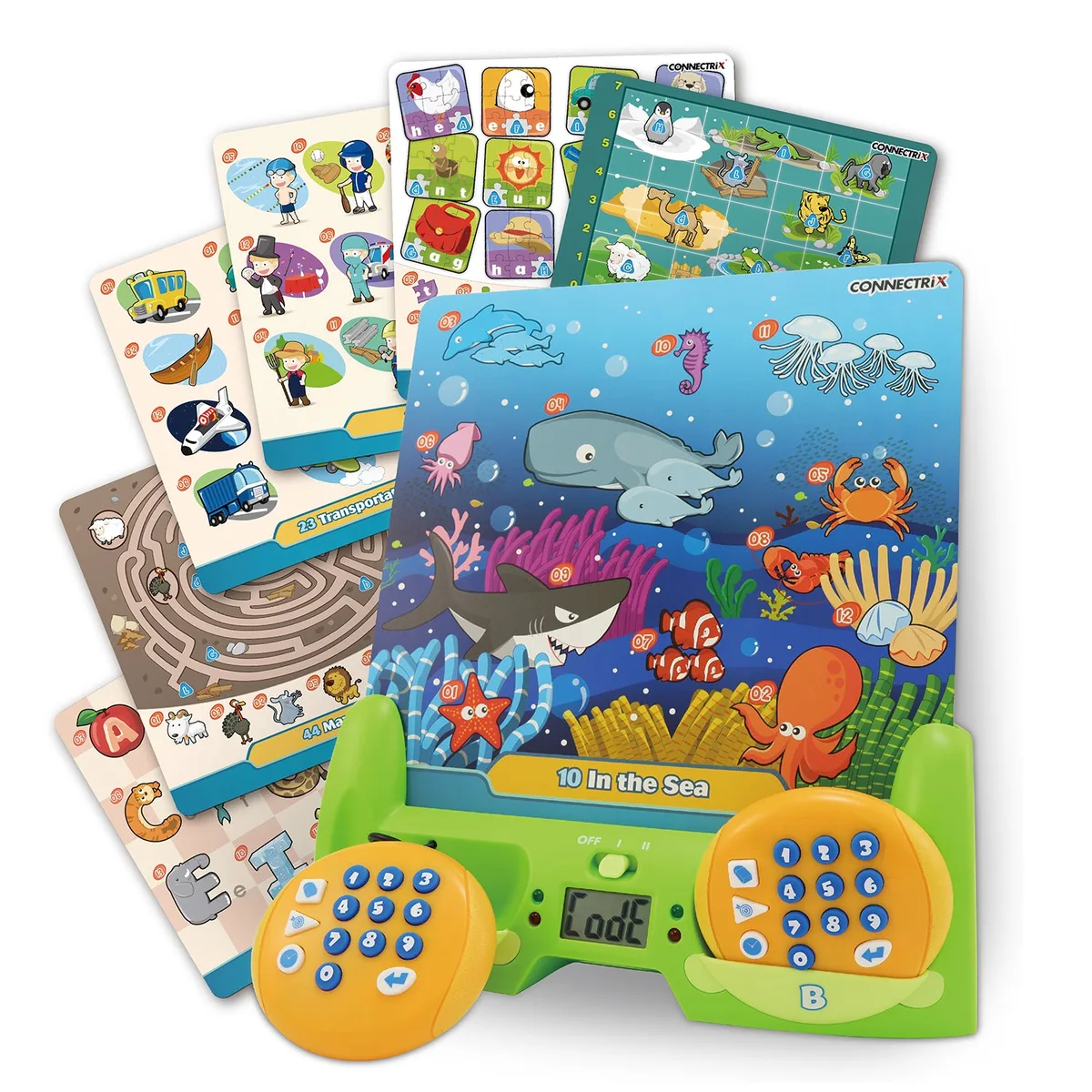 Handheld educational game console with LCD screen, LED lights, and 24 learning cards