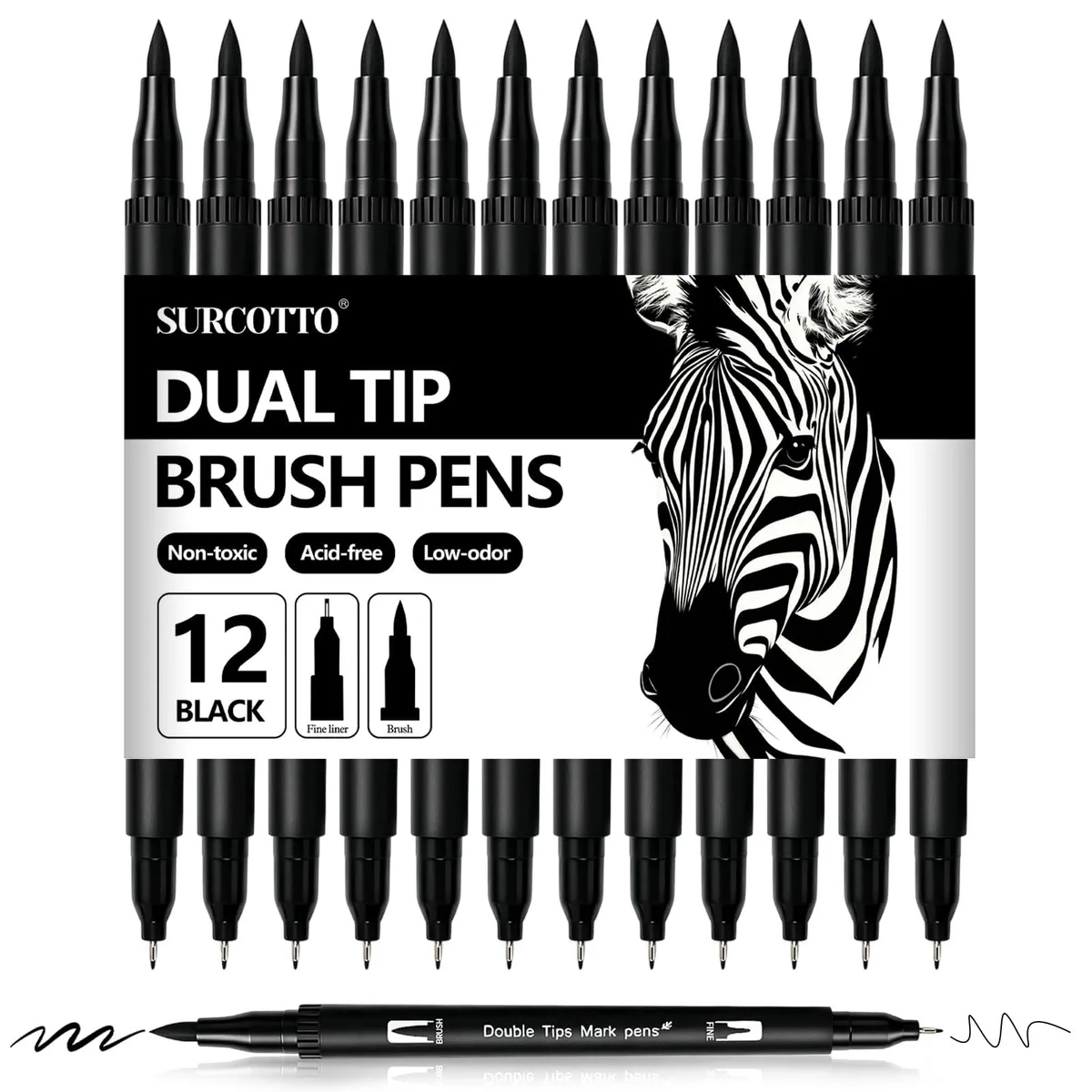  Surcotto Dual Brush Pens 12 Pack Black .4 mm Fine Tip — product photo