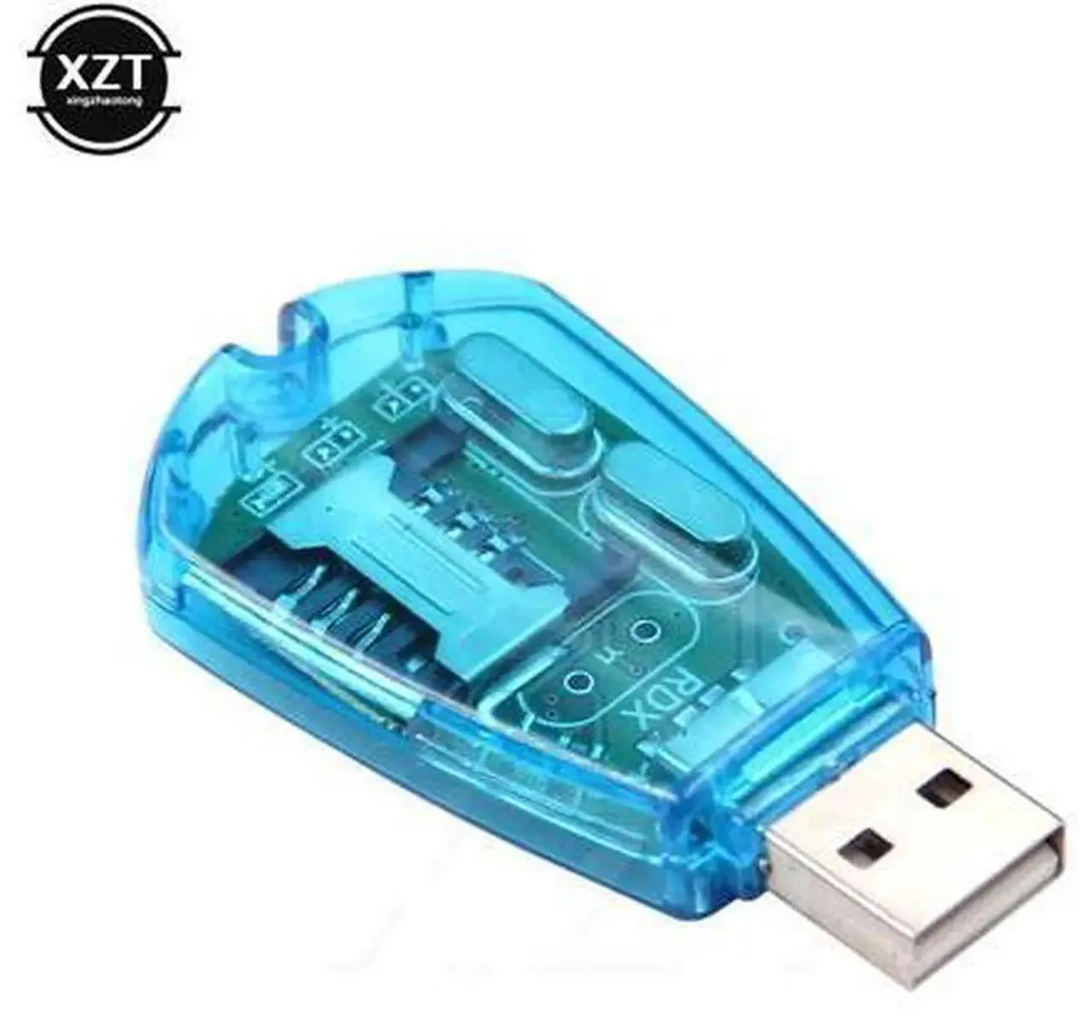Small rectangular USB SIM card reader with slot and glossy black finish