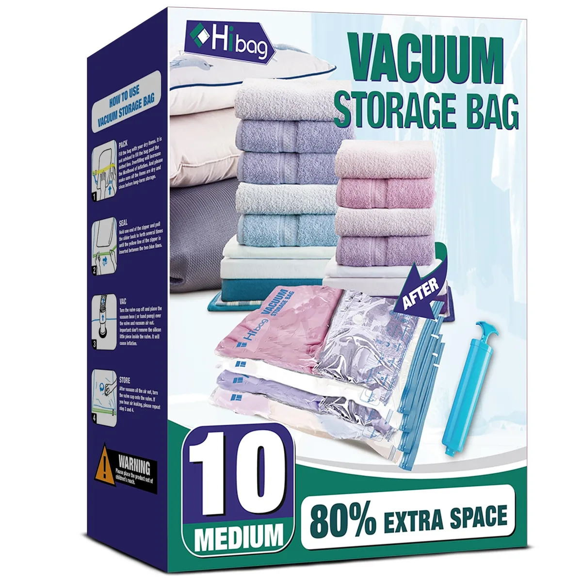  HIBAG HB-10M vacuum sealer 10 medium bags 80% compression hand pump — product photo