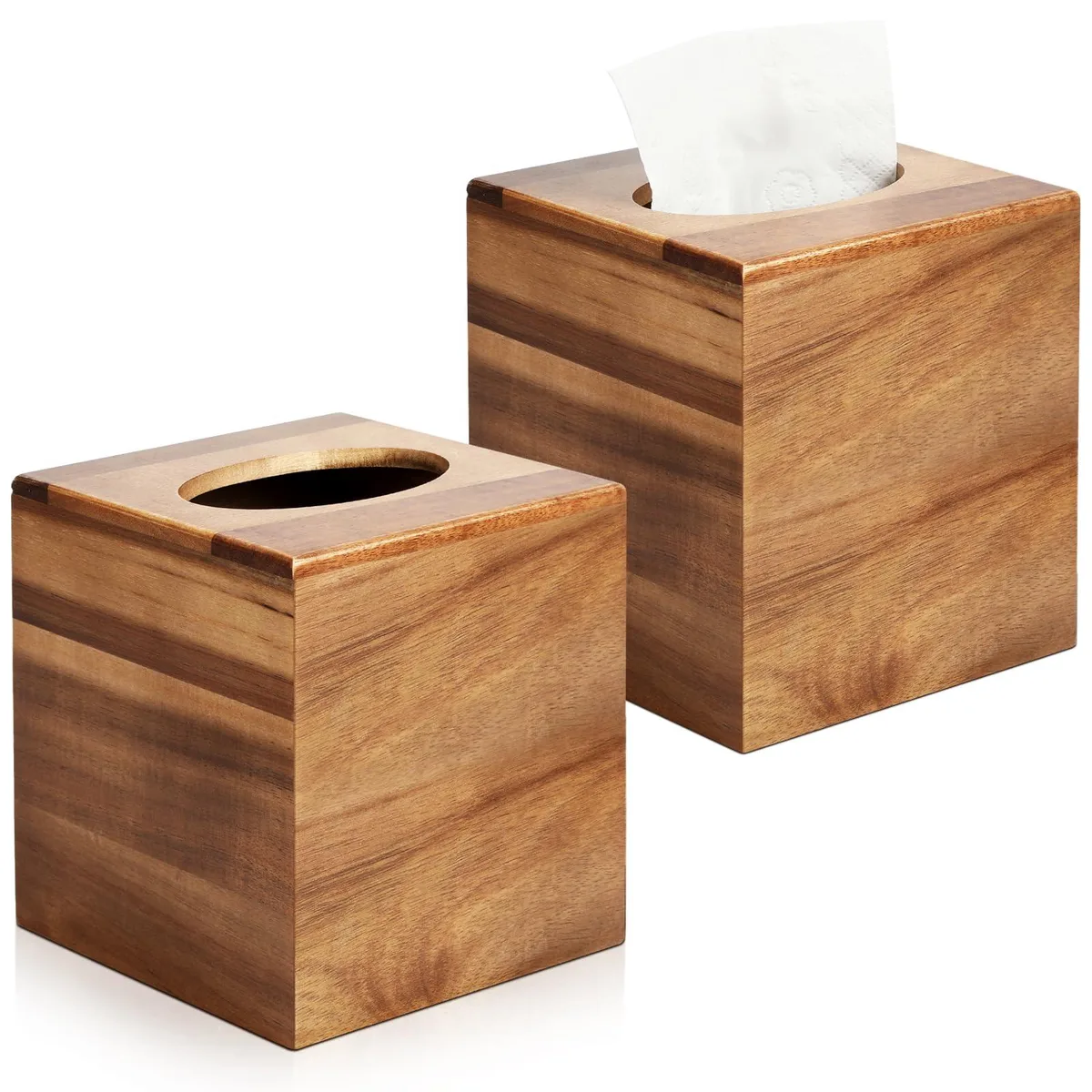 Two square acacia wood tissue box covers with removable magnetic bottom panels