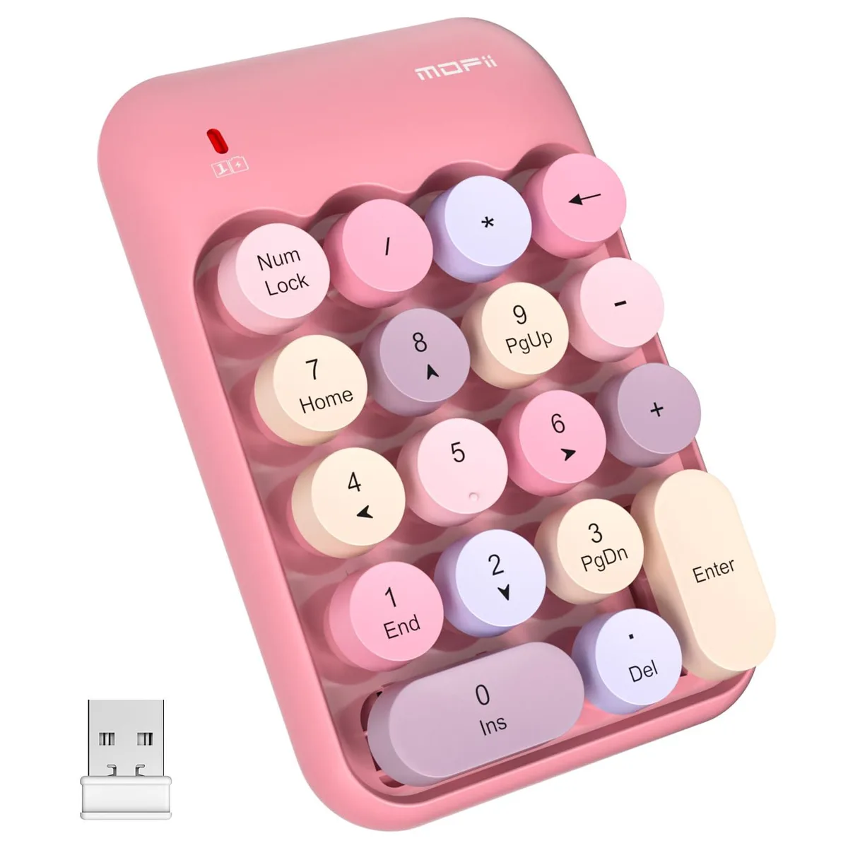 Pink wireless numeric keypad with 18 round keys, compact rectangular shape, matte finish