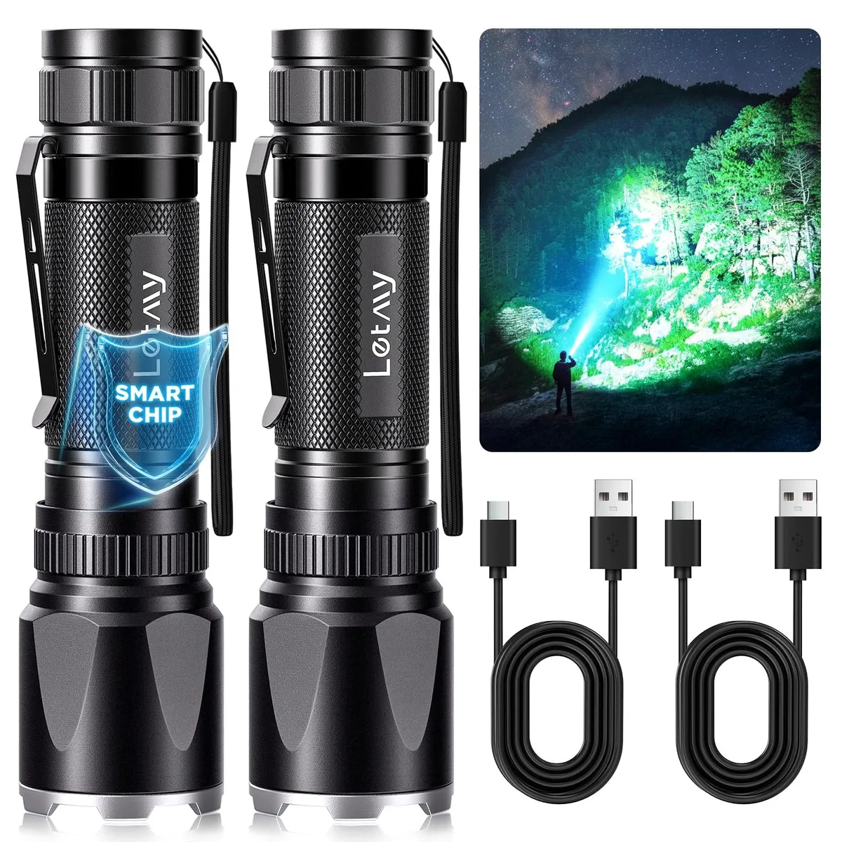 Two black tactical flashlights with zoomable heads and USB-C ports