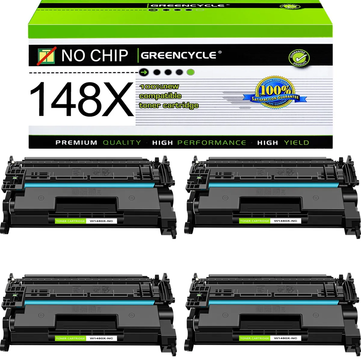 GREENCYCLE GREENCYCLE W1480X-NC Black Toner Cartridge 4-Pack No Chip 9500 Pages — product photo