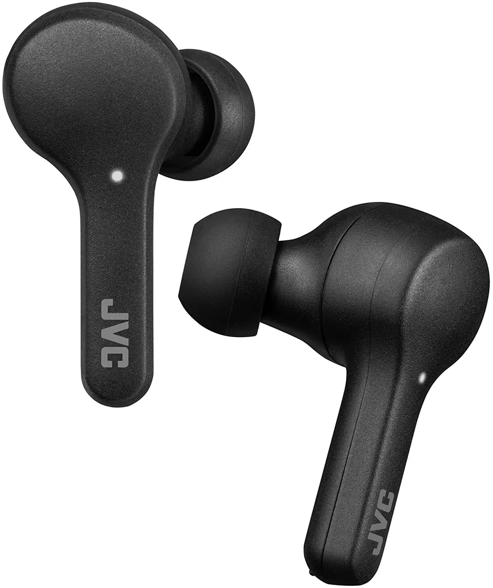 Black true wireless earbuds with compact charging case